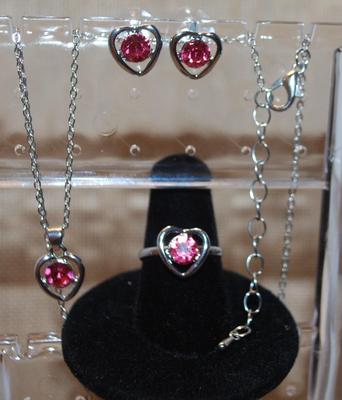 Red/Silver JEWELRY SET Includes Earrings (½") with Post Ends; ADJUSTABLE Size 7 Ring & PENDANT (½" ) on a Silver Tone...