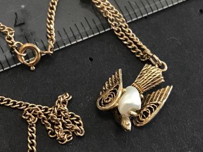 Antique Peace Dove Genuine Pearl Gold Filled Necklace
