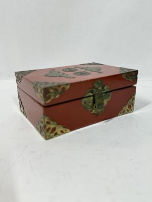 Vintage Chinese Jewelry Box Red Lacquer & Brass Trinket Holder