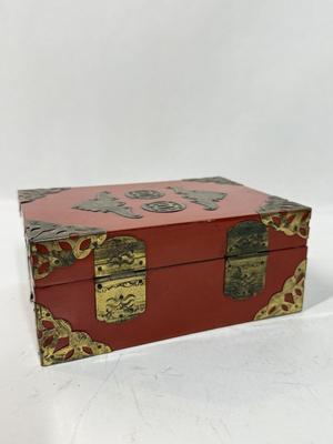 Vintage Chinese Jewelry Box Red Lacquer & Brass Trinket Holder