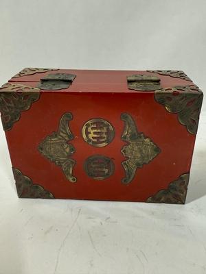 Vintage Chinese Jewelry Box Red Lacquer & Brass Trinket Holder