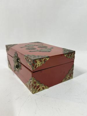 Vintage Chinese Jewelry Box Red Lacquer & Brass Trinket Holder