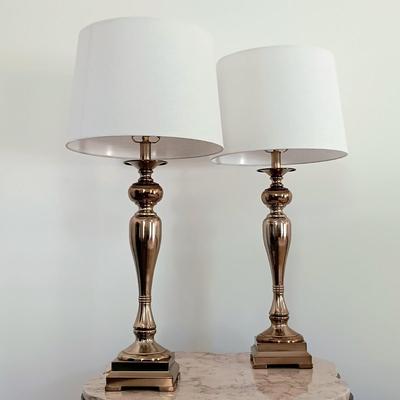 LOT 12: Candlestick Style Copper-Tone Metal Table Lamps