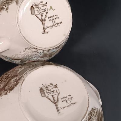 LOT 110: Johnson Bros. The Friendly Village 3-Tier Cake Stand, Butter Pat Dishes, Sugar Bowl, Creamer & More