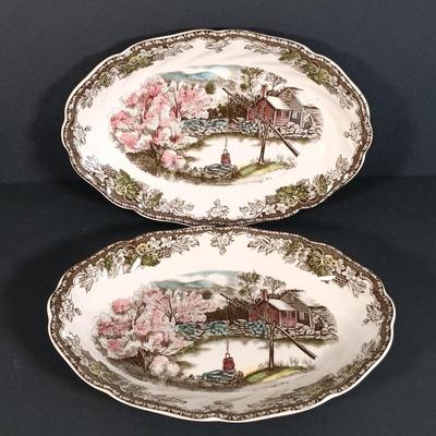 LOT 110: Johnson Bros. The Friendly Village 3-Tier Cake Stand, Butter Pat Dishes, Sugar Bowl, Creamer & More