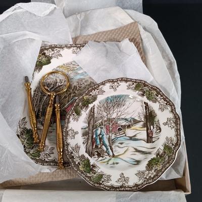LOT 110: Johnson Bros. The Friendly Village 3-Tier Cake Stand, Butter Pat Dishes, Sugar Bowl, Creamer & More