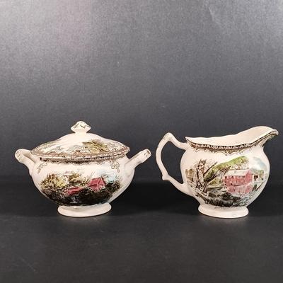 LOT 110: Johnson Bros. The Friendly Village 3-Tier Cake Stand, Butter Pat Dishes, Sugar Bowl, Creamer & More