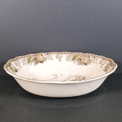 LOT 110: Johnson Bros. The Friendly Village 3-Tier Cake Stand, Butter Pat Dishes, Sugar Bowl, Creamer & More