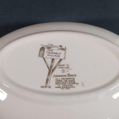 LOT 110: Johnson Bros. The Friendly Village 3-Tier Cake Stand, Butter Pat Dishes, Sugar Bowl, Creamer & More