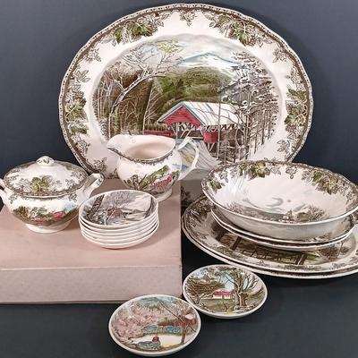 LOT 110: Johnson Bros. The Friendly Village 3-Tier Cake Stand, Butter Pat Dishes, Sugar Bowl, Creamer & More