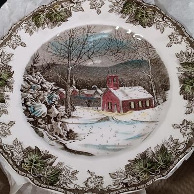 LOT 110: Johnson Bros. The Friendly Village 3-Tier Cake Stand, Butter Pat Dishes, Sugar Bowl, Creamer & More