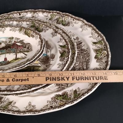 LOT 110: Johnson Bros. The Friendly Village 3-Tier Cake Stand, Butter Pat Dishes, Sugar Bowl, Creamer & More