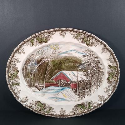 LOT 110: Johnson Bros. The Friendly Village 3-Tier Cake Stand, Butter Pat Dishes, Sugar Bowl, Creamer & More