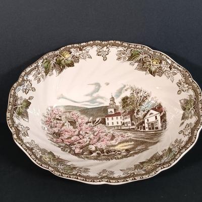 LOT 110: Johnson Bros. The Friendly Village 3-Tier Cake Stand, Butter Pat Dishes, Sugar Bowl, Creamer & More