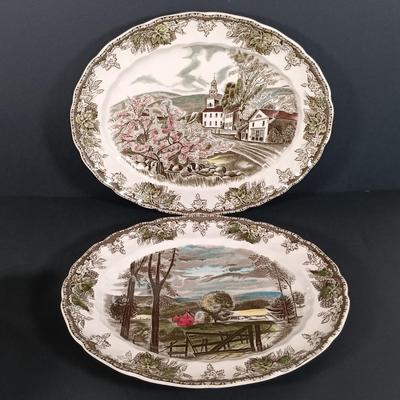 LOT 110: Johnson Bros. The Friendly Village 3-Tier Cake Stand, Butter Pat Dishes, Sugar Bowl, Creamer & More
