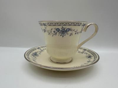 Minton Fine China Dinnerware Service – Blue Floral with Silver Trim, Complete Set of Plates, Cups & Serving Pieces