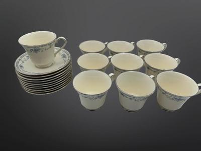 Minton Fine China Dinnerware Service – Blue Floral with Silver Trim, Complete Set of Plates, Cups & Serving Pieces