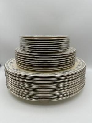 Minton Fine China Dinnerware Service – Blue Floral with Silver Trim, Complete Set of Plates, Cups & Serving Pieces