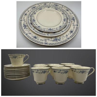 Minton Fine China Dinnerware Service – Blue Floral with Silver Trim, Complete Set of Plates, Cups & Serving Pieces