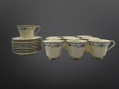 Minton Fine China Dinnerware Service – Blue Floral with Silver Trim, Complete Set of Plates, Cups & Serving Pieces