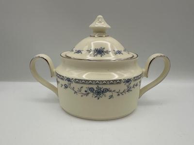 Minton Fine China Dinnerware Service – Blue Floral with Silver Trim, Complete Set of Plates, Cups & Serving Pieces