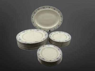 Minton Fine China Dinnerware Service – Blue Floral with Silver Trim, Complete Set of Plates, Cups & Serving Pieces