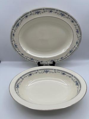 Minton Fine China Dinnerware Service – Blue Floral with Silver Trim, Complete Set of Plates, Cups & Serving Pieces