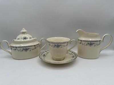 Minton Fine China Dinnerware Service – Blue Floral with Silver Trim, Complete Set of Plates, Cups & Serving Pieces