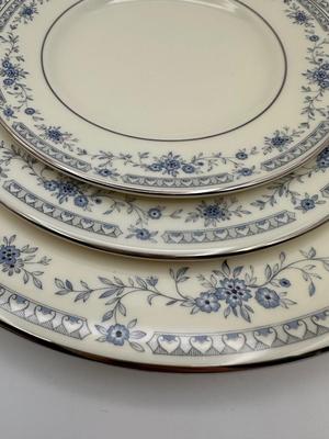 Minton Fine China Dinnerware Service – Blue Floral with Silver Trim, Complete Set of Plates, Cups & Serving Pieces