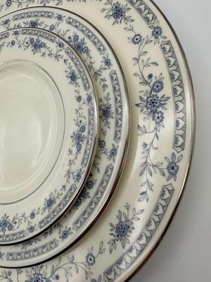 Minton Fine China Dinnerware Service – Blue Floral with Silver Trim, Complete Set of Plates, Cups & Serving Pieces