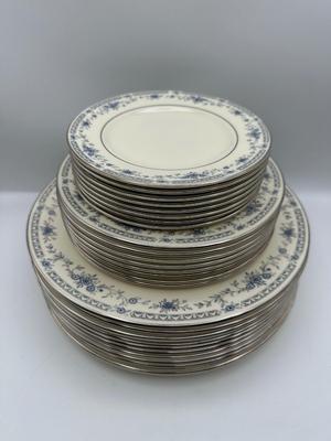 Minton Fine China Dinnerware Service – Blue Floral with Silver Trim, Complete Set of Plates, Cups & Serving Pieces