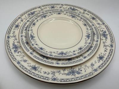 Minton Fine China Dinnerware Service – Blue Floral with Silver Trim, Complete Set of Plates, Cups & Serving Pieces
