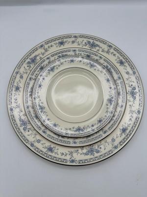 Minton Fine China Dinnerware Service – Blue Floral with Silver Trim, Complete Set of Plates, Cups & Serving Pieces