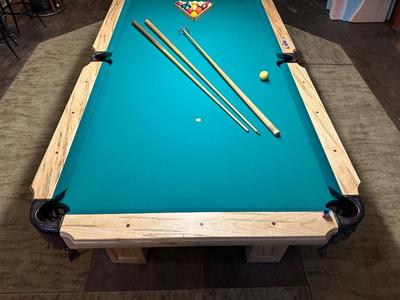 BEAUTIFUL CUSTOM MADE WORMY MAPLE SLATE POOL TABLE IN EXCELLENT CONDITION