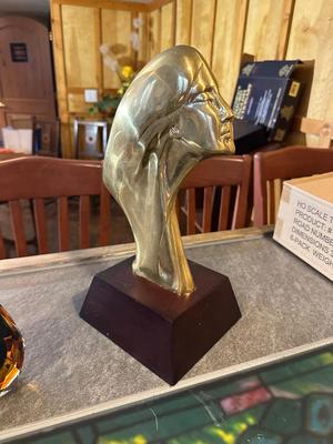 BRASS WOMAN'S BUST, HOURGLASS AND A TEARDROP ART GLASS