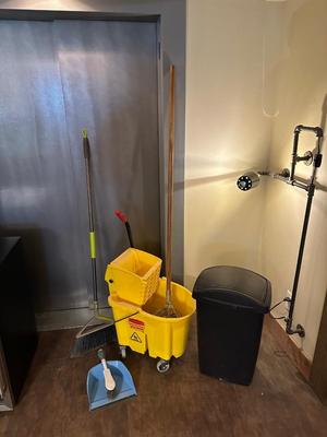 COMMERCIAL MOP BUCKET, MOP, WASTE CAN AND BROOM
