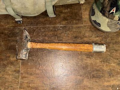 OLD MILITARY BAG, CAP AND SLEDGE HAMMER
