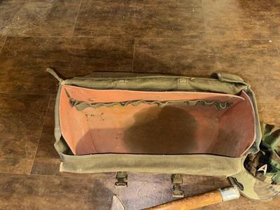 OLD MILITARY BAG, CAP AND SLEDGE HAMMER