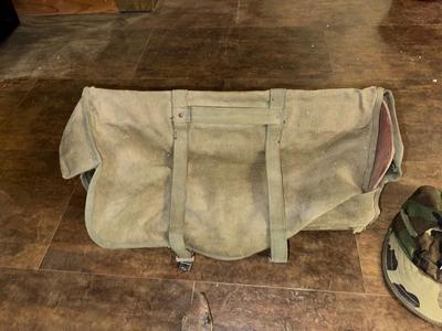 OLD MILITARY BAG, CAP AND SLEDGE HAMMER