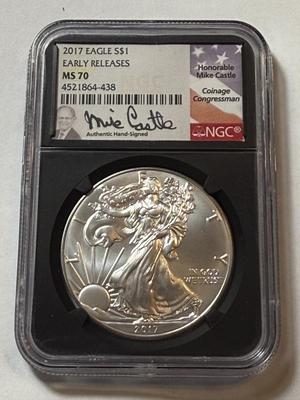 NGC CERTIFIED 2017 MS70 SILVER EAGLE DOLLAR 1-OUNCE COIN MIKE CASTLE SIGNED AS PICTURED.