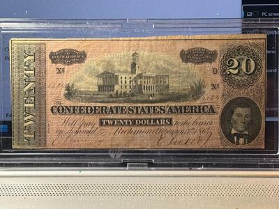 CONFEDERATE STATES OF AMERICA $20.00 CURRENCY FEBRUARY 17TH 1864 ISSUE, IN NICE CIRCULATED CONDITION AS PIC'D.