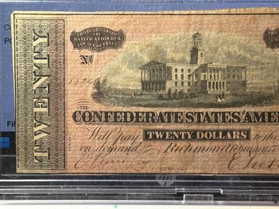 CONFEDERATE STATES OF AMERICA $20.00 CURRENCY FEBRUARY 17TH 1864 ISSUE, IN NICE CIRCULATED CONDITION AS PIC'D.