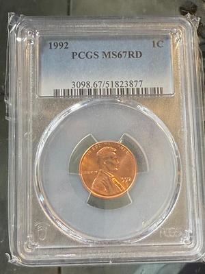 PCGS CERTIFIED 1992-P MS67 RED GRADED LINCOLN CENT AS PICTURED.