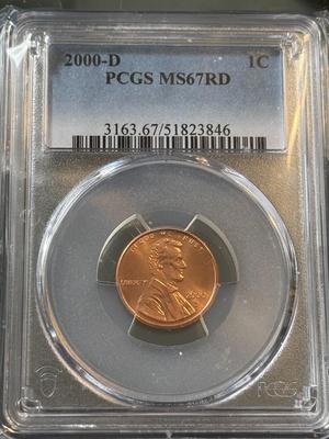 PCGS CERTIFIED 2000-D MS67 RED GRADED LINCOLN CENT AS PICTURED.