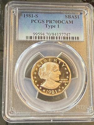 PCGS CERTIFIED 1981-S PROOF70 DEEP CAMEO SBA DOLLAR AS PICTURED.