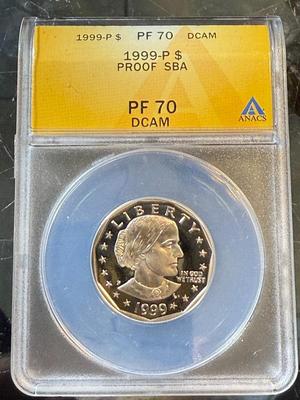 ANACS CERTIFIED 1999-P PROOF70 DEEP CAMEO SBA DOLLAR AS PICTURED.