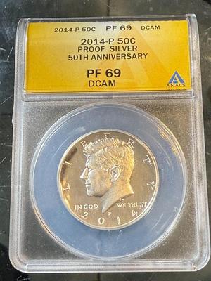 ANACS CERTIFIED 2014-P PROOF69 DEEP CAMEO PROOF SILVER 50TH ANN. KENNEDY HALF DOLLAR AS PICTURED.