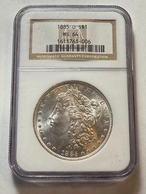 NGC CERTIFIED 1885-O MS64 MORGAN SILVER DOLLAR AS PICTURED.