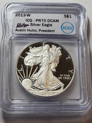 ICG CERTIFIED 2013-W PROOF70 DEEP CAMEO SILVER EAGLE DOLLAR 1-OUNCE .999 COIN AS PICTURED.