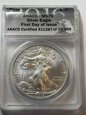 ANACS CERTIFIED 2016 MS70 SILVER EAGLE DOLLAR 1-OUNCE .999 COIN AS PICTURED.